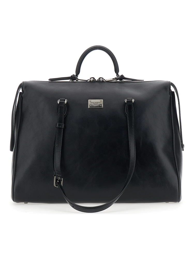 Black Shoulder Bag Vittoria with Logo Plate on the Front and Two Leather Straps for Men