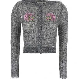 Grey Cardigan with floral decorations in Mohair and Wool for women