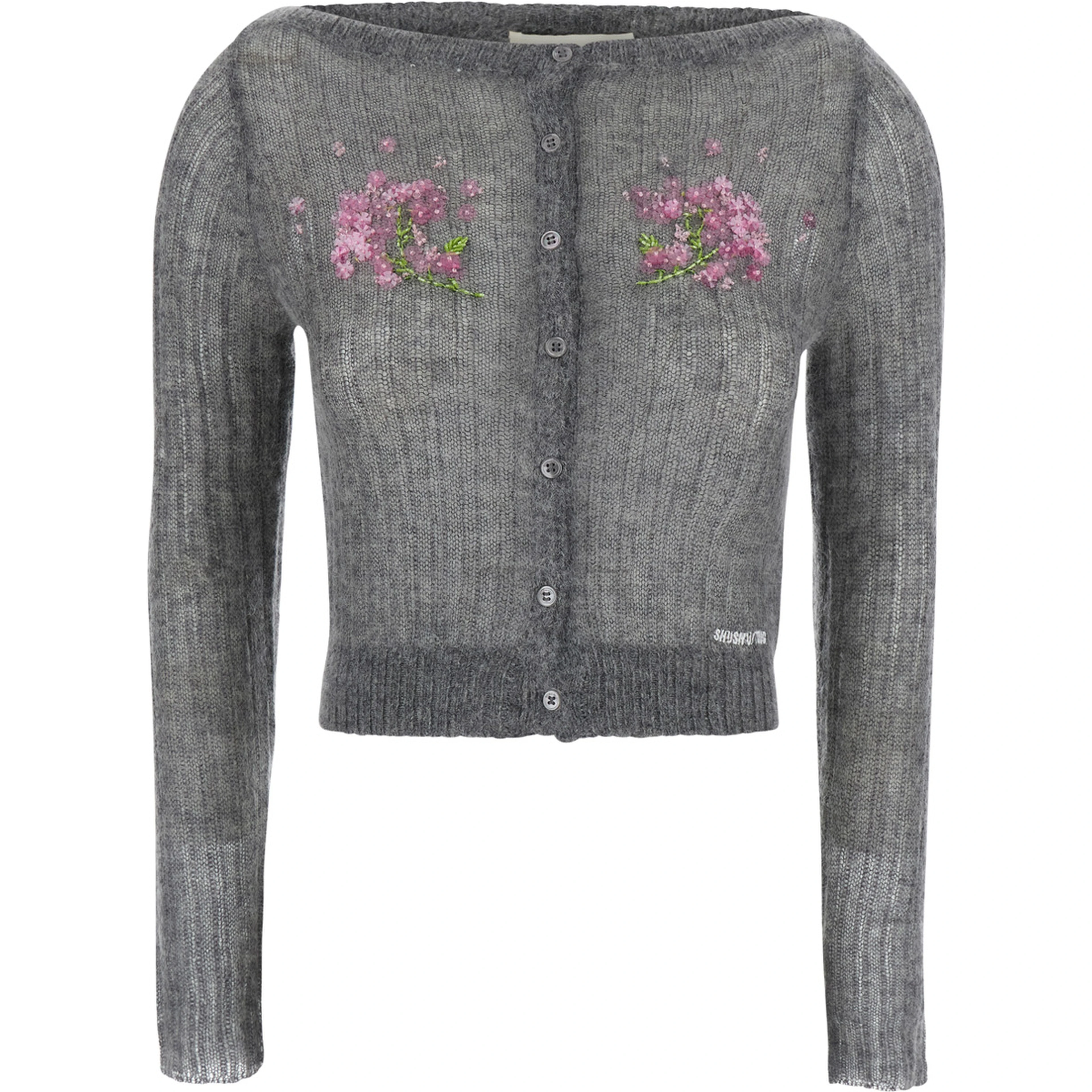 Grey Cardigan with floral decorations in Mohair and Wool for women