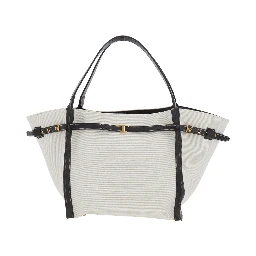 White Cotton Blend Tote Bag with Leather Strap for Women