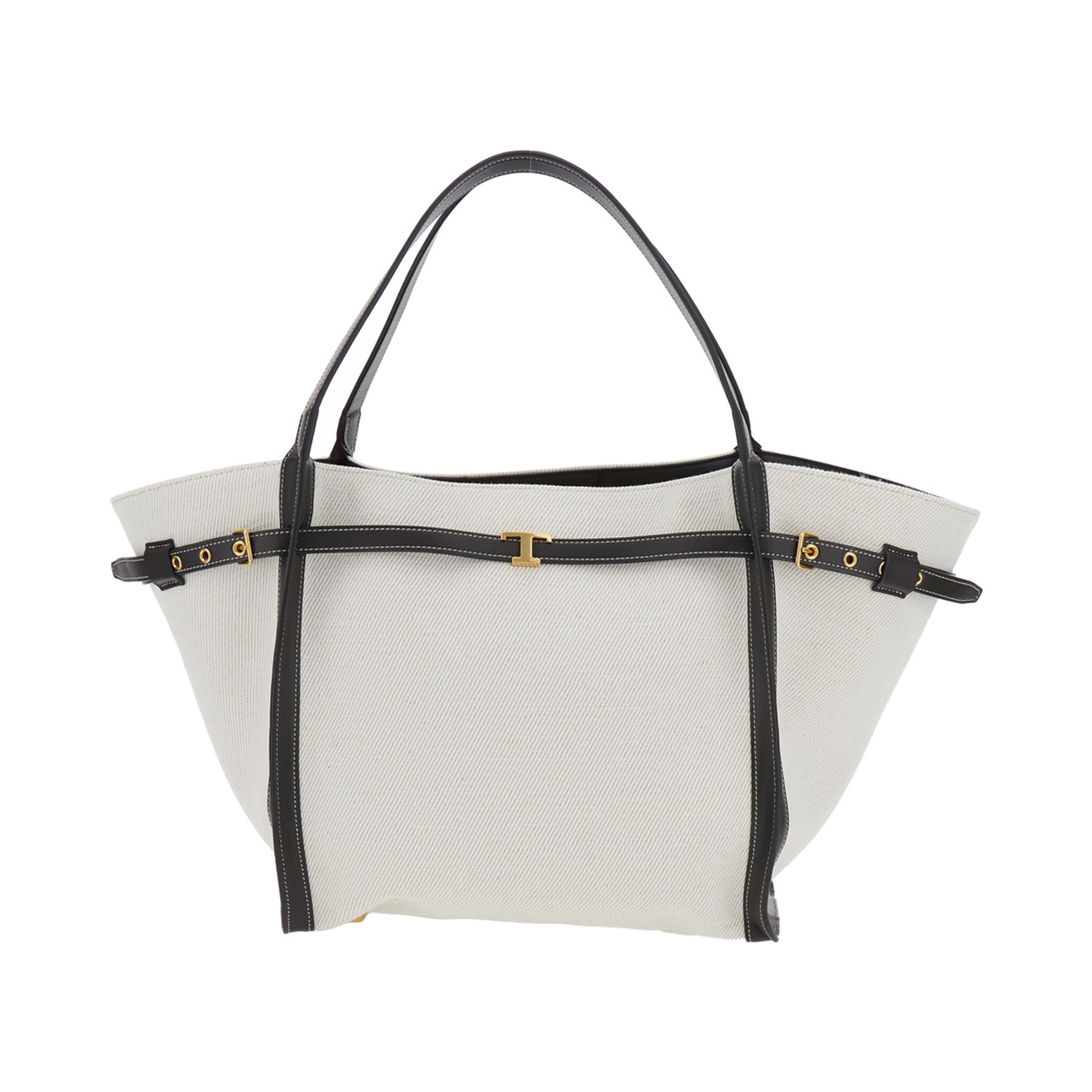 White Cotton Blend Tote Bag with Leather Strap for Women