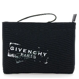 Black Pouch with Top Handle and Logo Print on Front in Cotton for Men