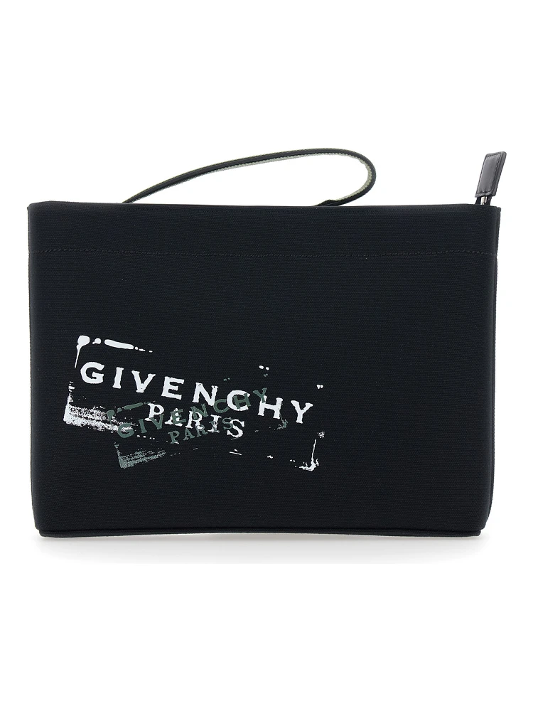 Black Pouch with Top Handle and Logo Print on Front in Cotton for Men