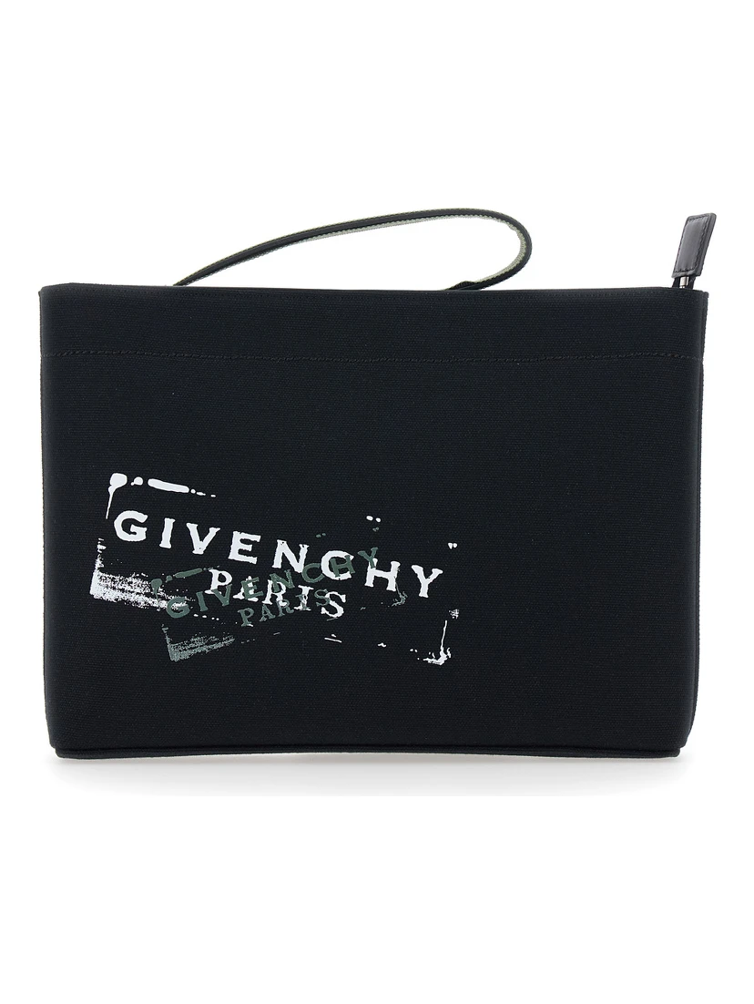 Black Pouch with Top Handle and Logo Print on Front in Cotton for Men