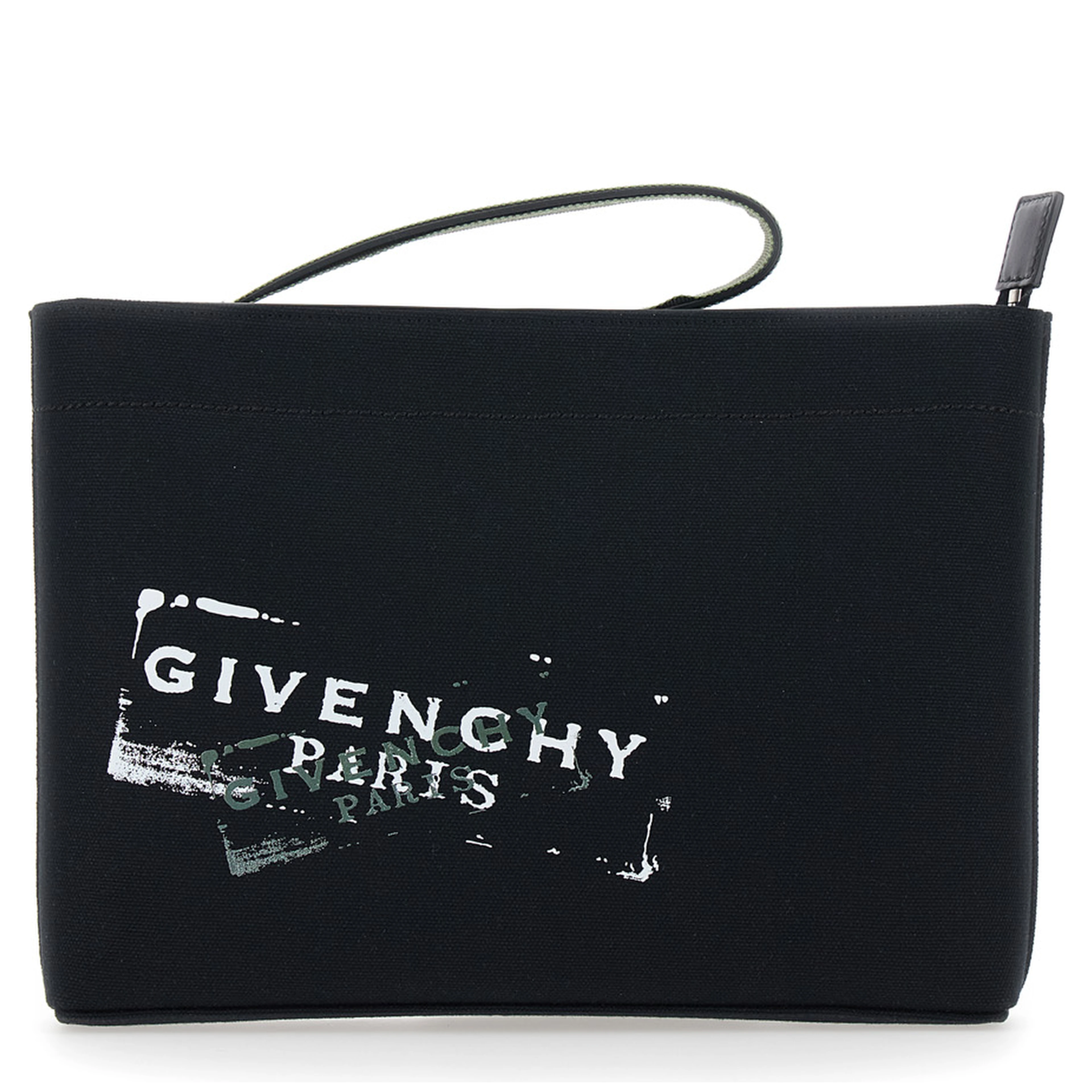 Black Pouch with Top Handle and Logo Print on Front in Cotton for Men