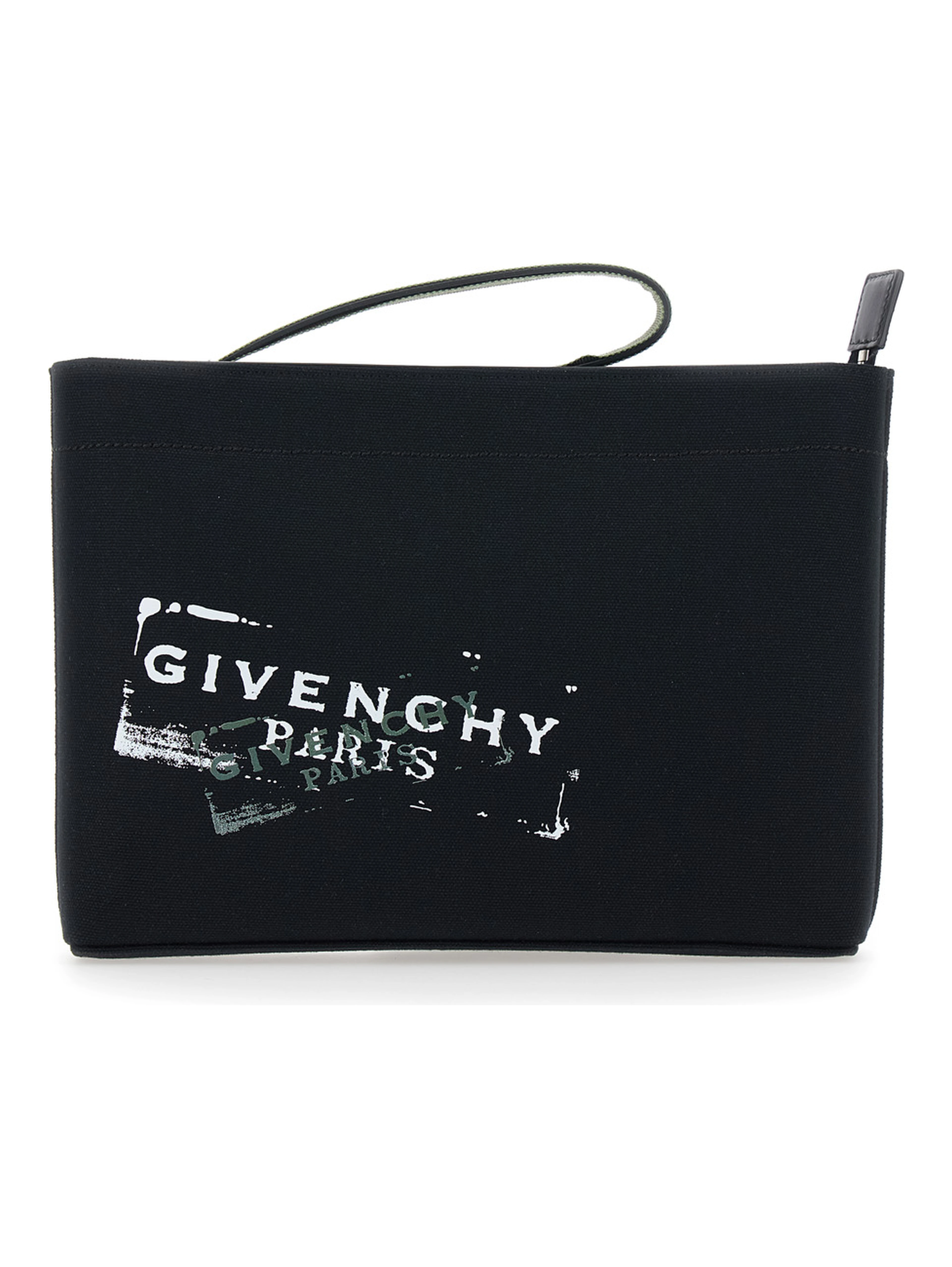 Black Pouch with Top Handle and Logo Print on Front in Cotton for Men
