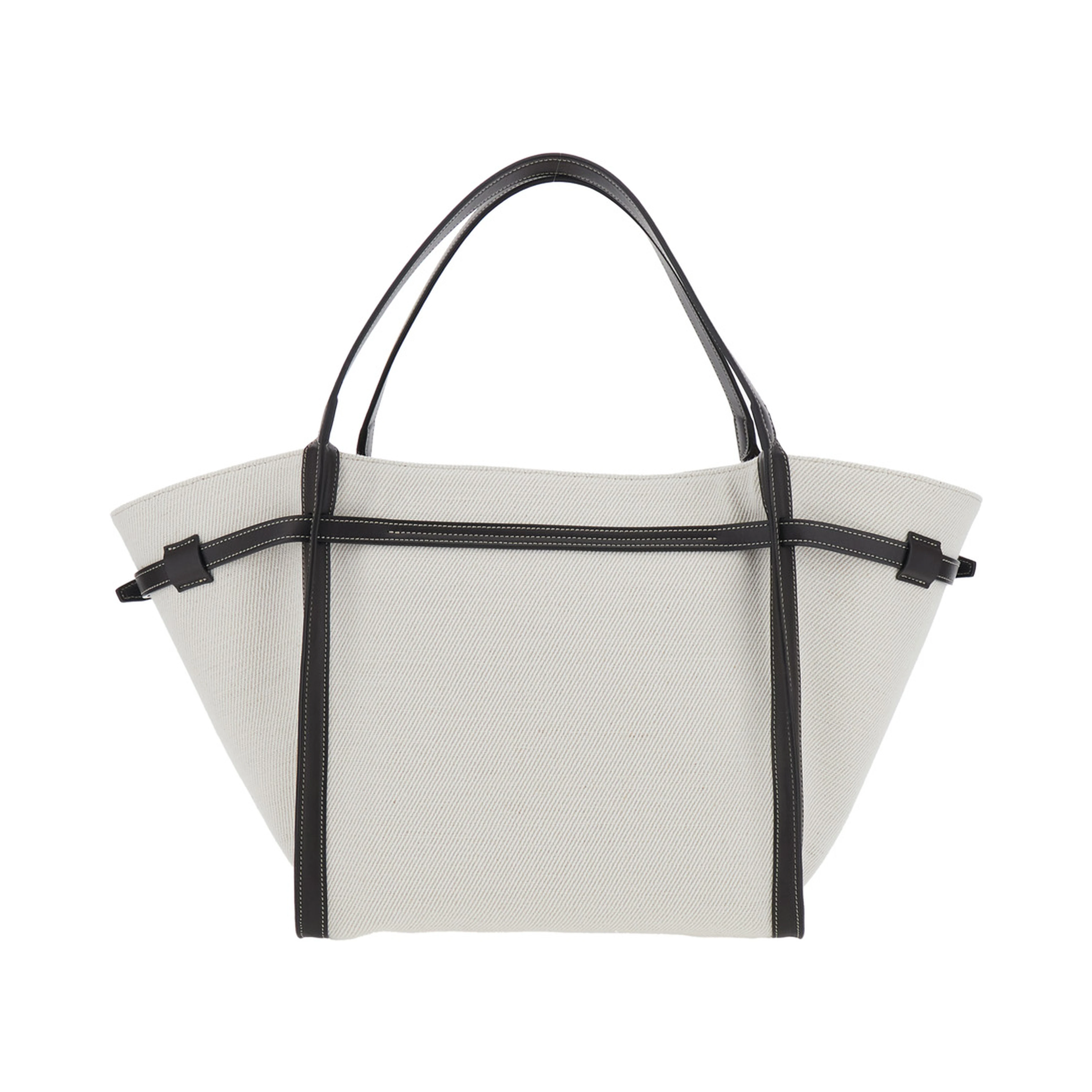 White Cotton Blend Tote Bag with Leather Strap for Women