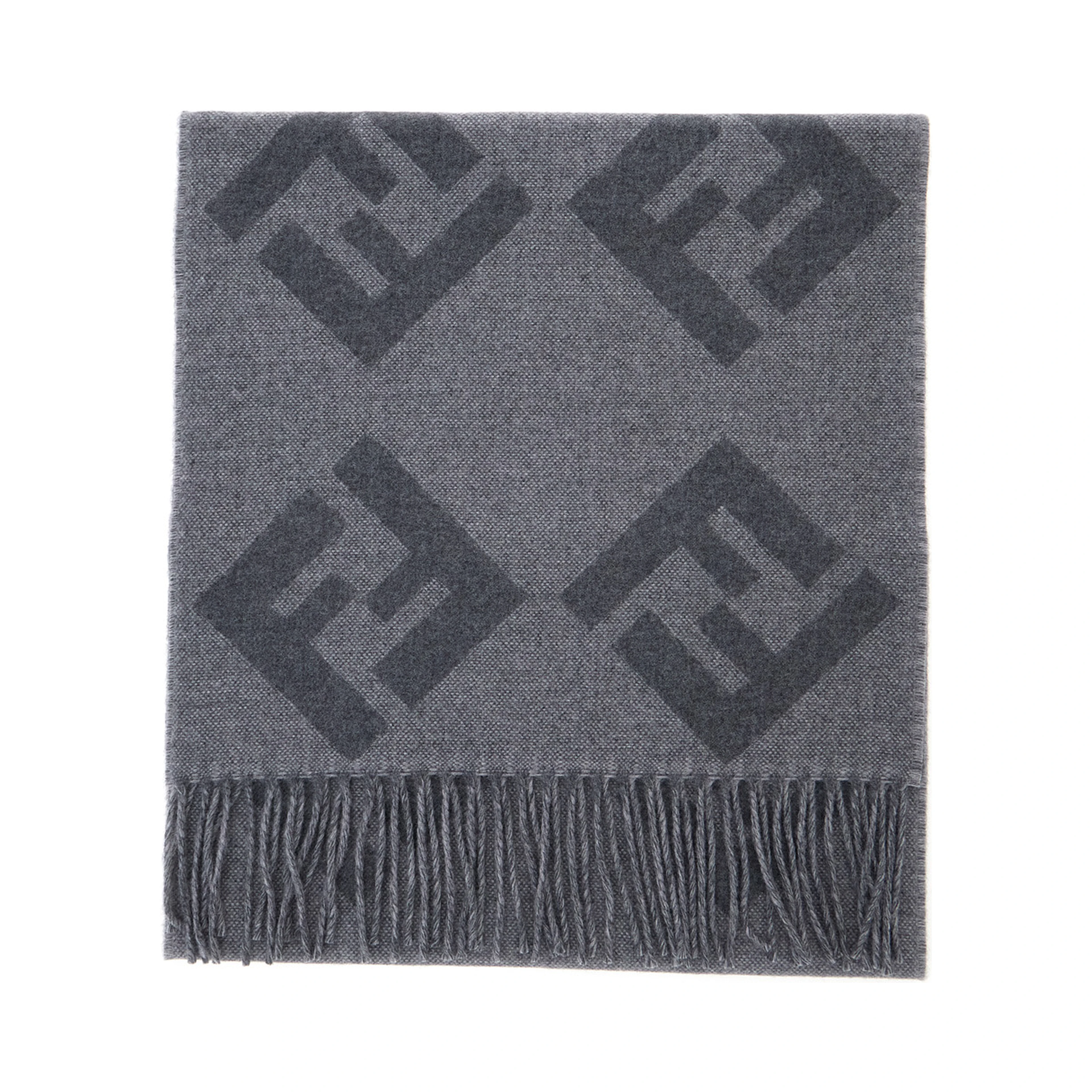 Grey Fringed Edge Scarf with All-Over FF Logo in Wool Men