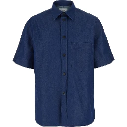 Blue Shirt with pointed collar and logo print on the back in Cotton and Fabric blend for Men