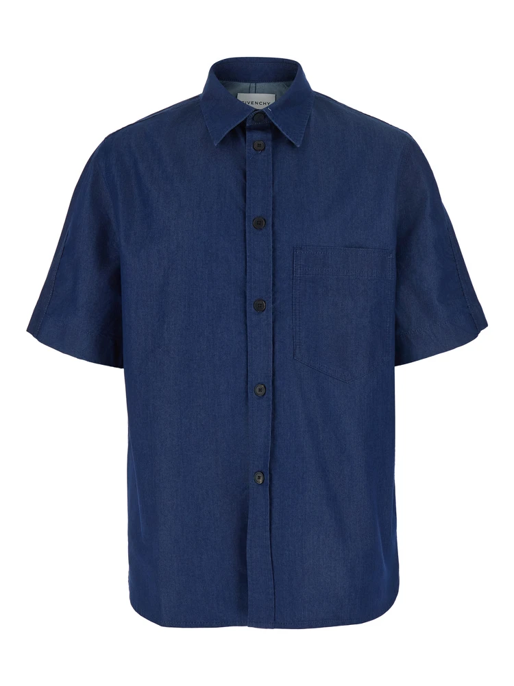 Blue Shirt with pointed collar and logo print on the back in Cotton and Fabric blend for Men