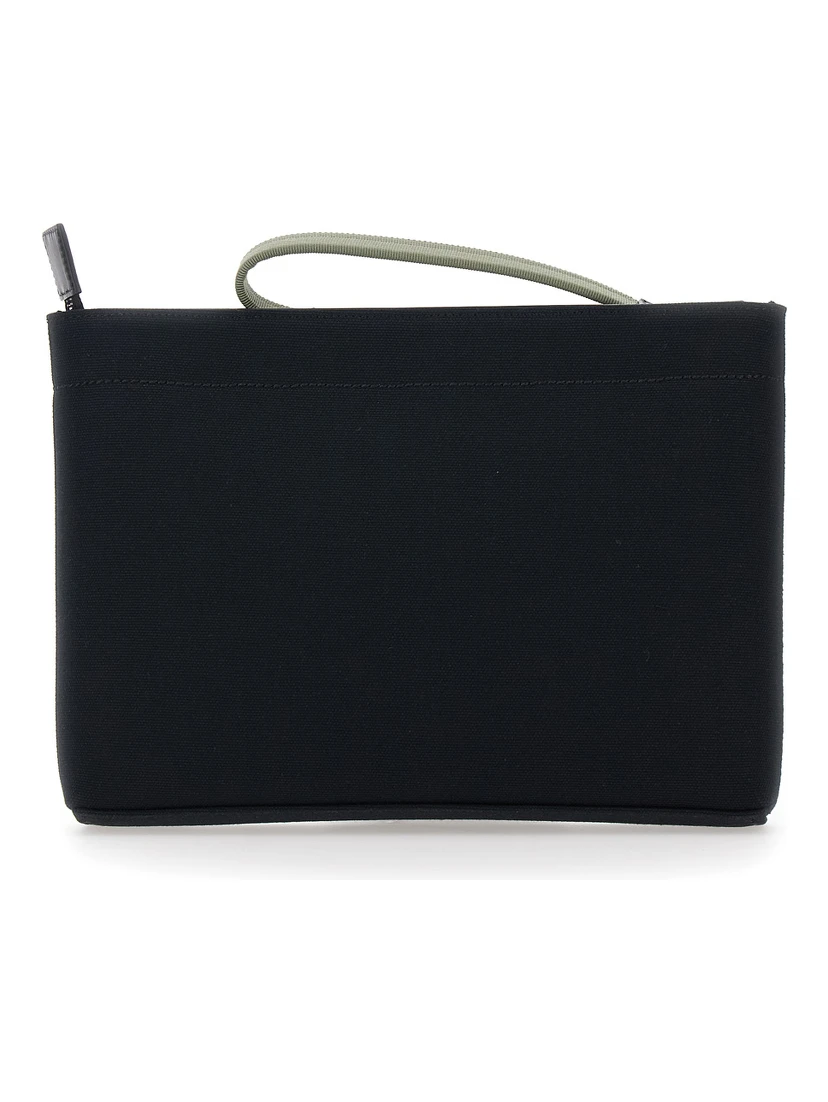 Black Pouch with Top Handle and Logo Print on Front in Cotton for Men