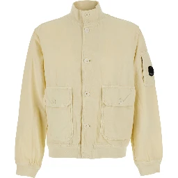 Beige Jacket with High Collar and Logo Plate on the Sleeve in Cotton and Linen Men