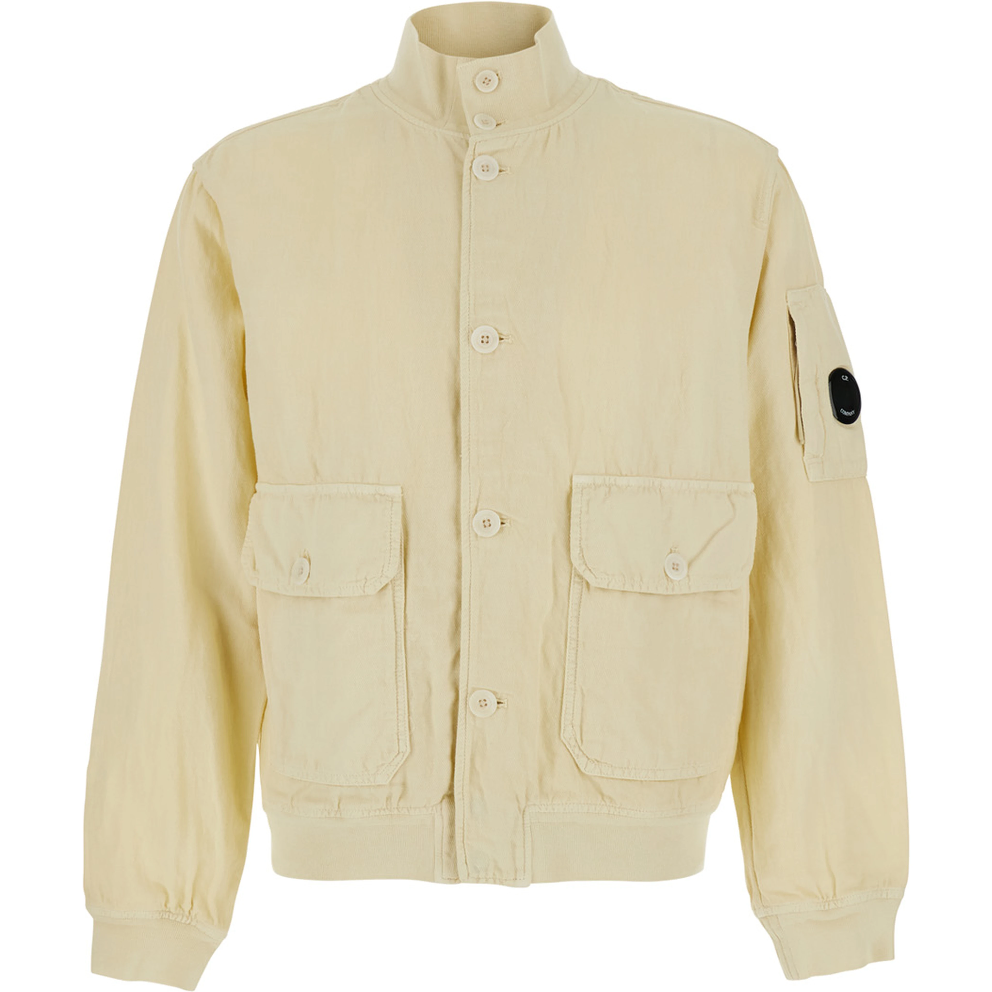 Beige Jacket with High Collar and Logo Plate on the Sleeve in Cotton and Linen Men