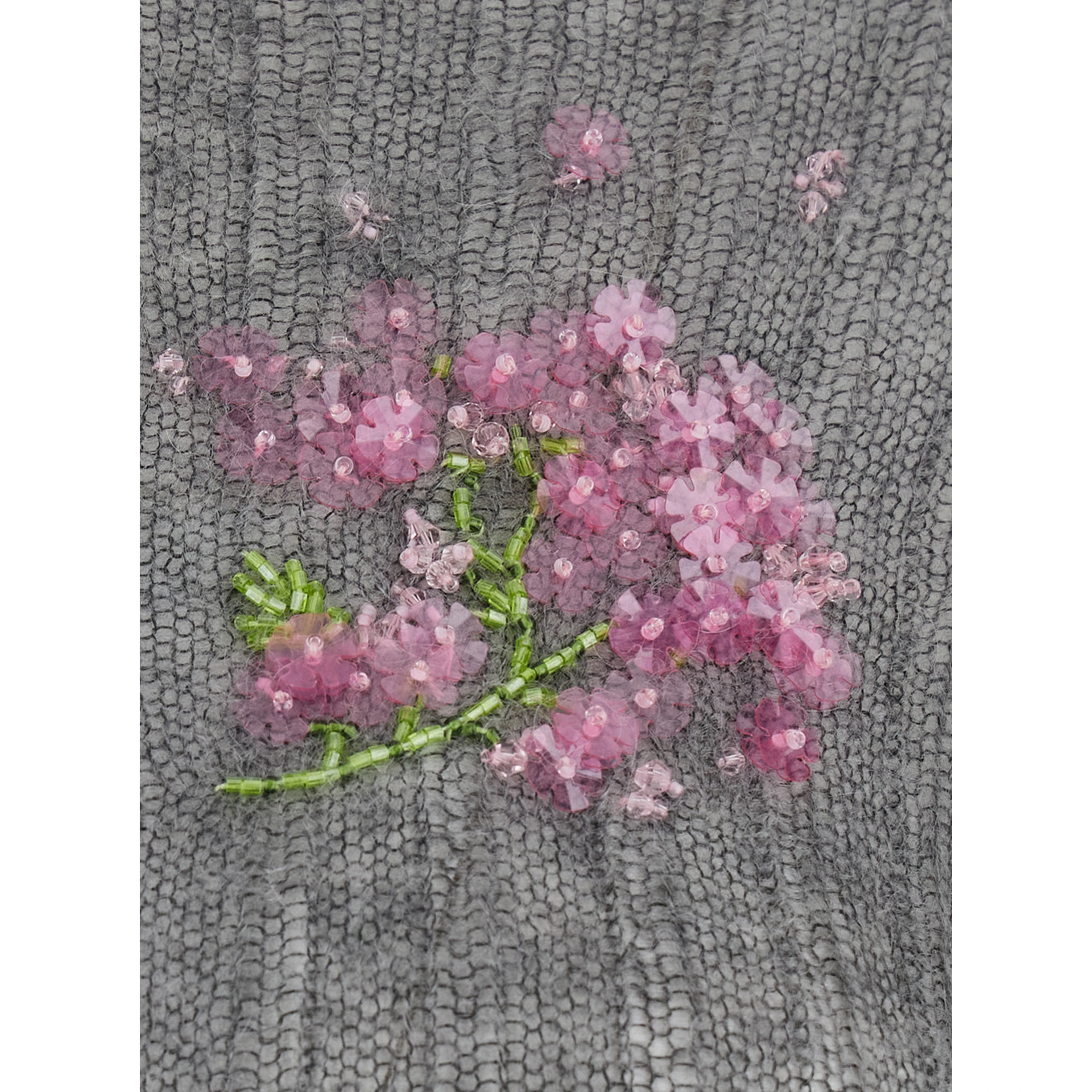 Grey Cardigan with floral decorations in Mohair and Wool for women