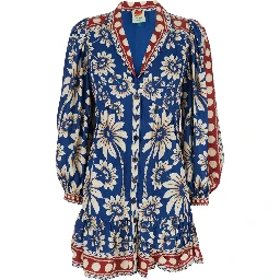 Luna Blue Midi Dress with V-Neck and Floral Motif All-Over in Viscose for Women