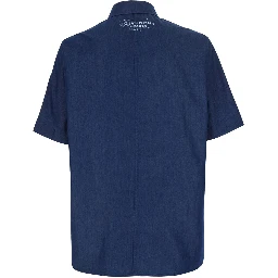 Blue Shirt with pointed collar and logo print on the back in Cotton and Fabric blend for Men