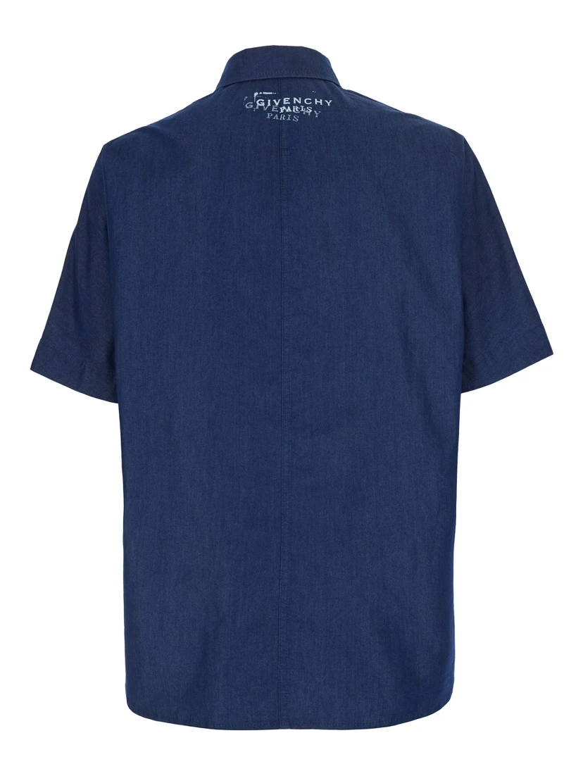 Blue Shirt with pointed collar and logo print on the back in Cotton and Fabric blend for Men