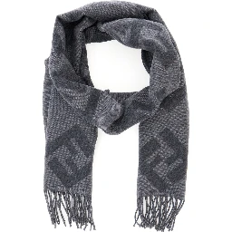 Grey Fringed Edge Scarf with All-Over FF Logo in Wool Men