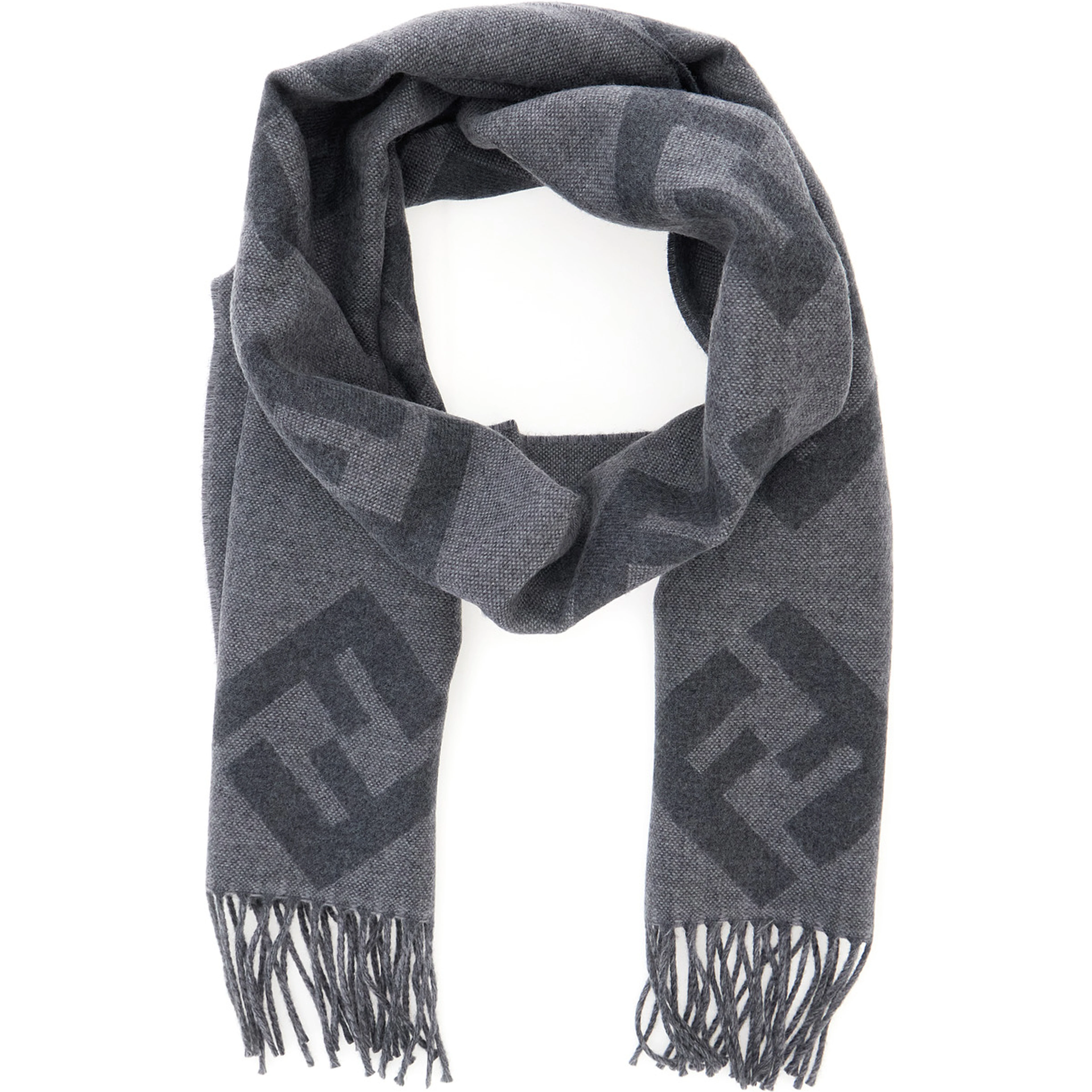 Grey Fringed Edge Scarf with All-Over FF Logo in Wool Men