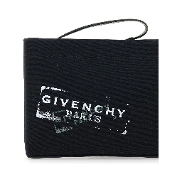 Black Pouch with Top Handle and Logo Print on Front in Cotton for Men