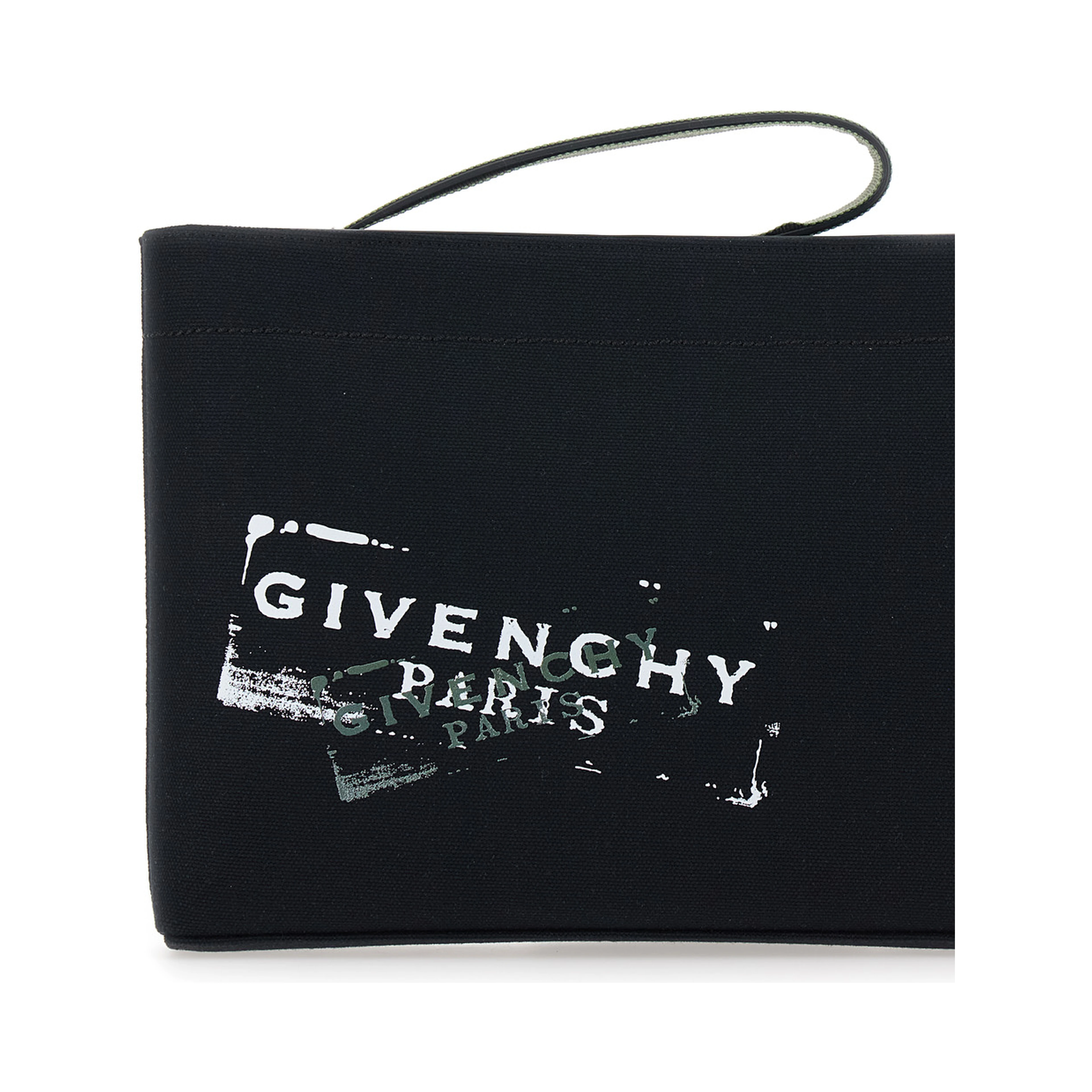 Black Pouch with Top Handle and Logo Print on Front in Cotton for Men
