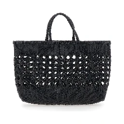 Biscuit Tote Black Handbag with Double Round Handles and Woven Design in Ecoleather for Women