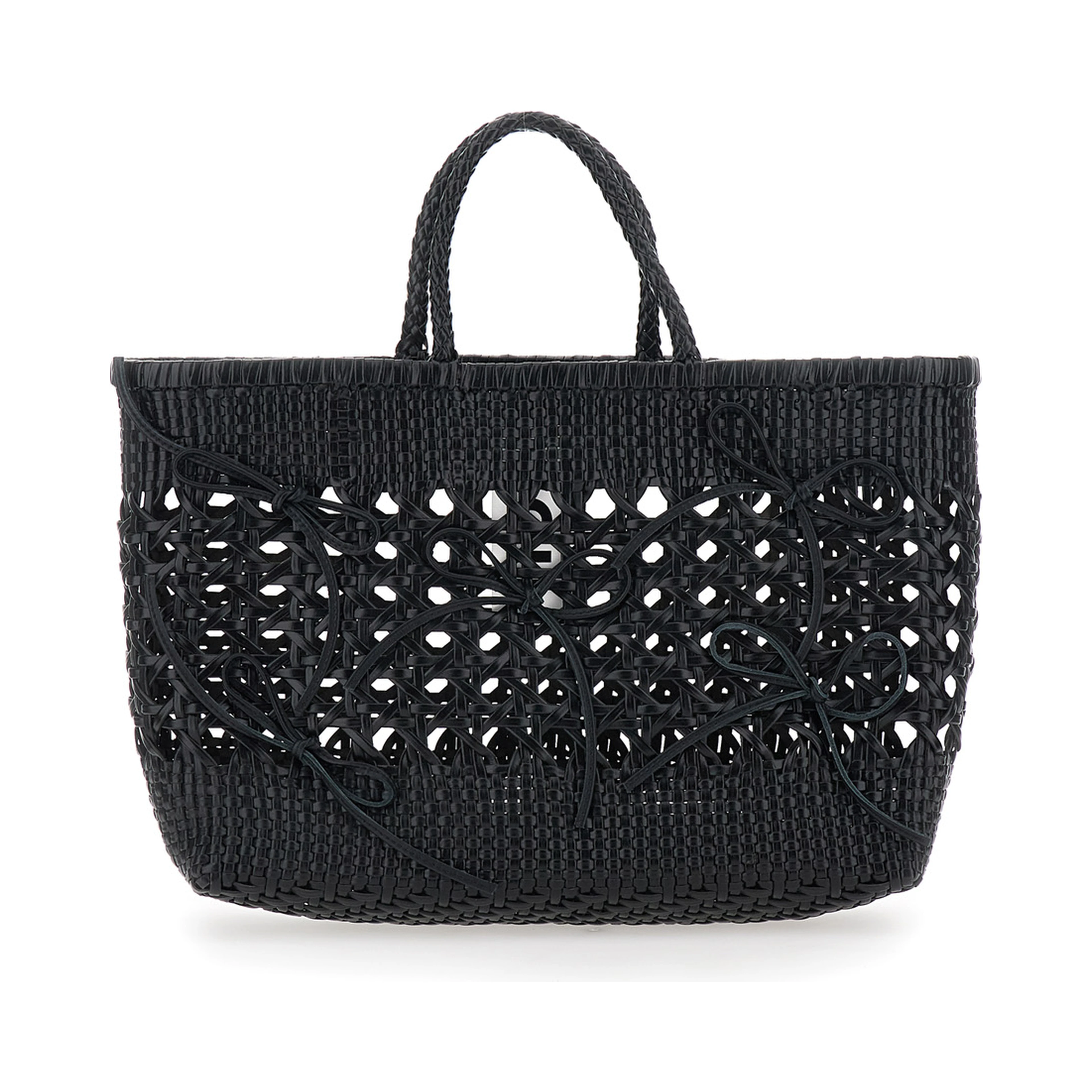 Biscuit Tote Black Handbag with Double Round Handles and Woven Design in Ecoleather for Women