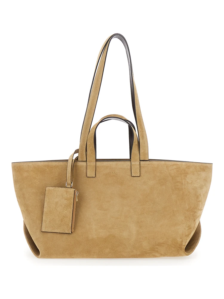 Le Drummer Beige Shopper with Four Handles and Logo Lettering on the Front in Suede Women