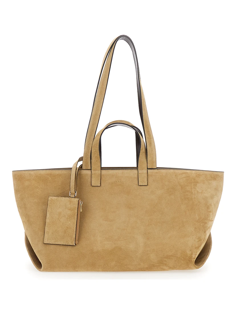 Le Drummer Beige Shopper with Four Handles and Logo Lettering on the Front in Suede Women