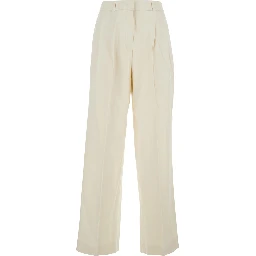 White Pants with Belt Loops and Front Pleats in Cotton Blend for Women