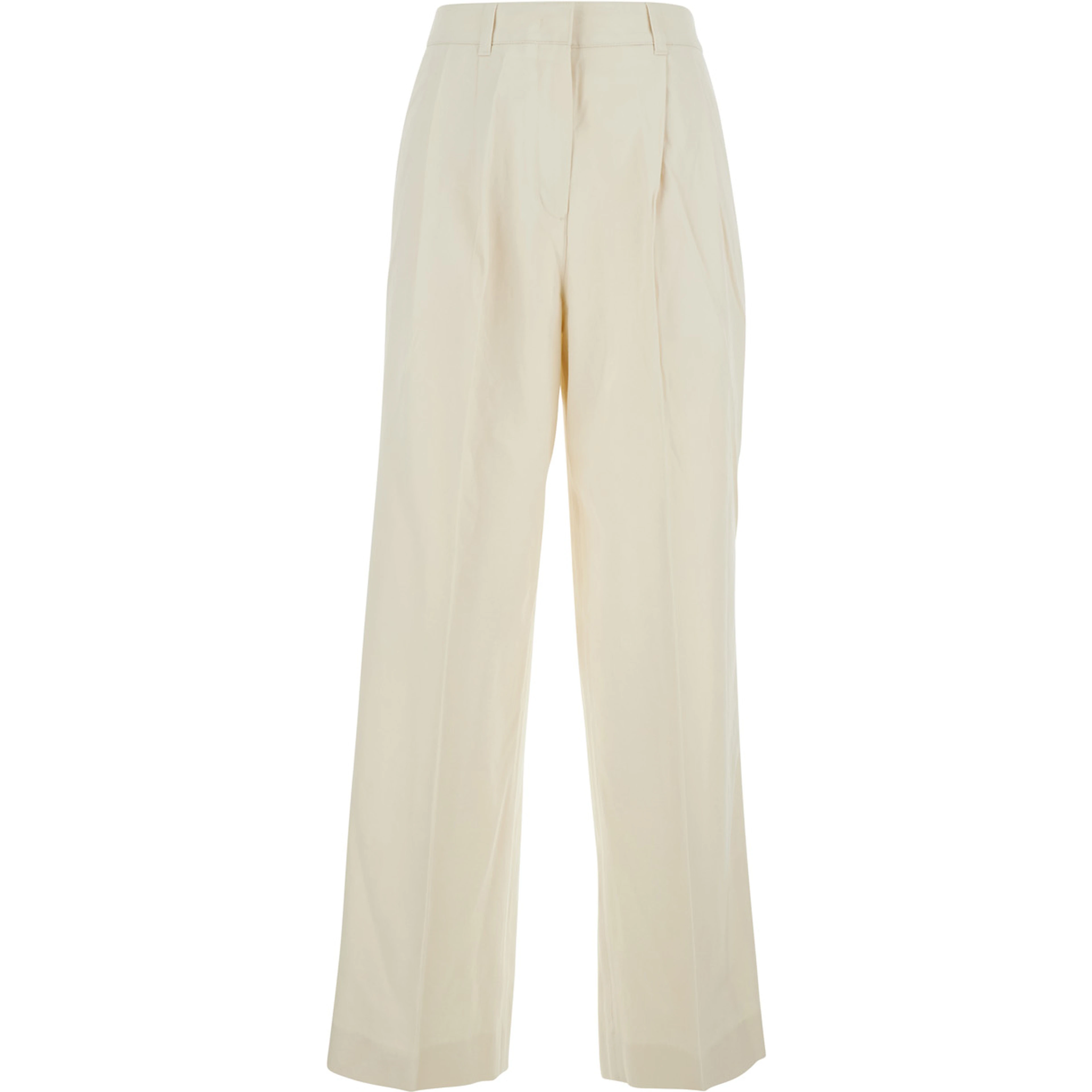 White Pants with Belt Loops and Front Pleats in Cotton Blend for Women