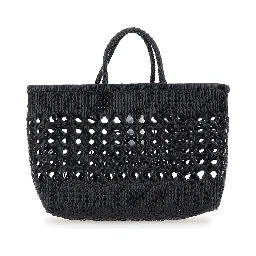 Biscuit Tote Black Handbag with Double Round Handles and Woven Design in Ecoleather for Women