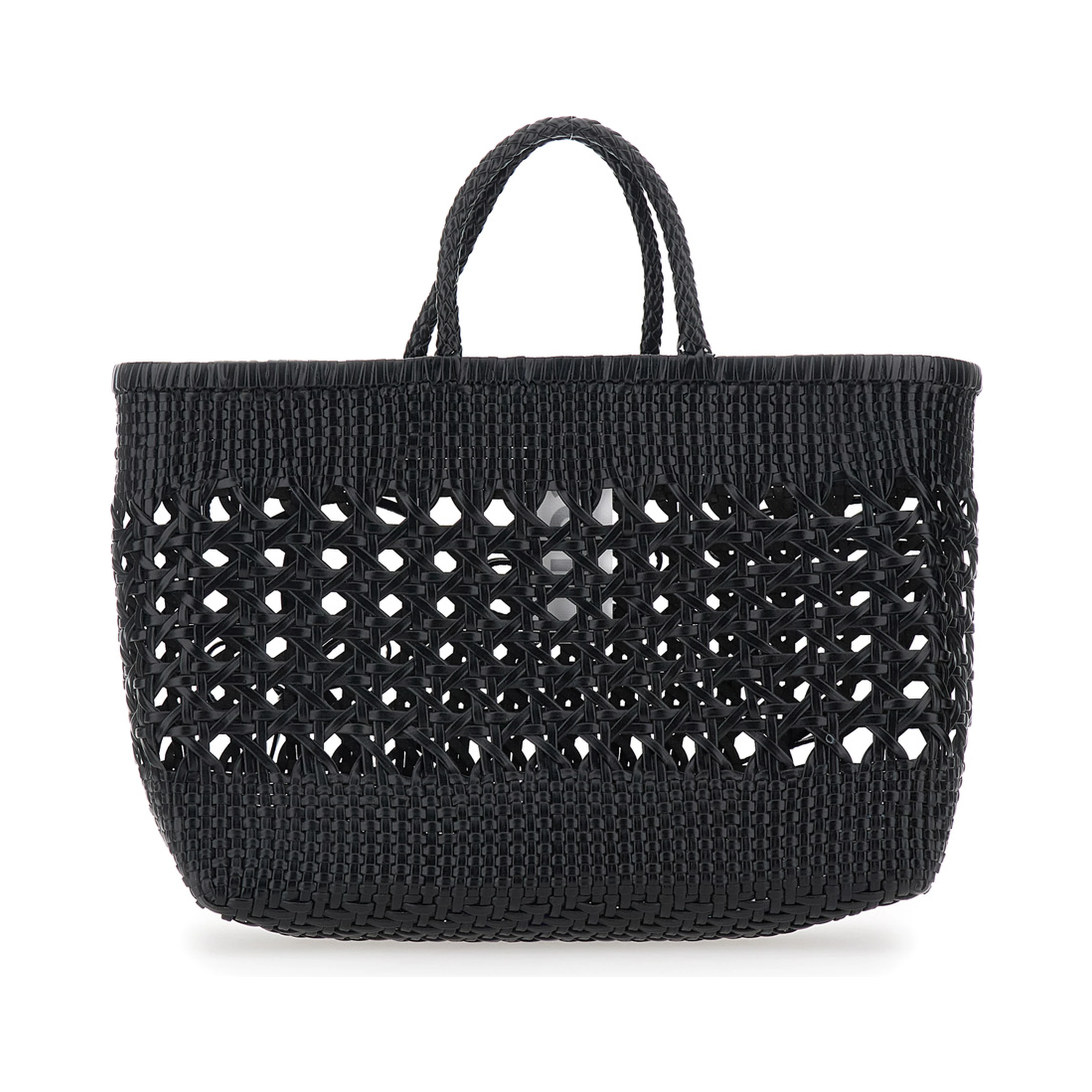 Biscuit Tote Black Handbag with Double Round Handles and Woven Design in Ecoleather for Women