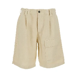 Beige Bermuda with Elasticated Waist and One Front Pocket in Linen for Men