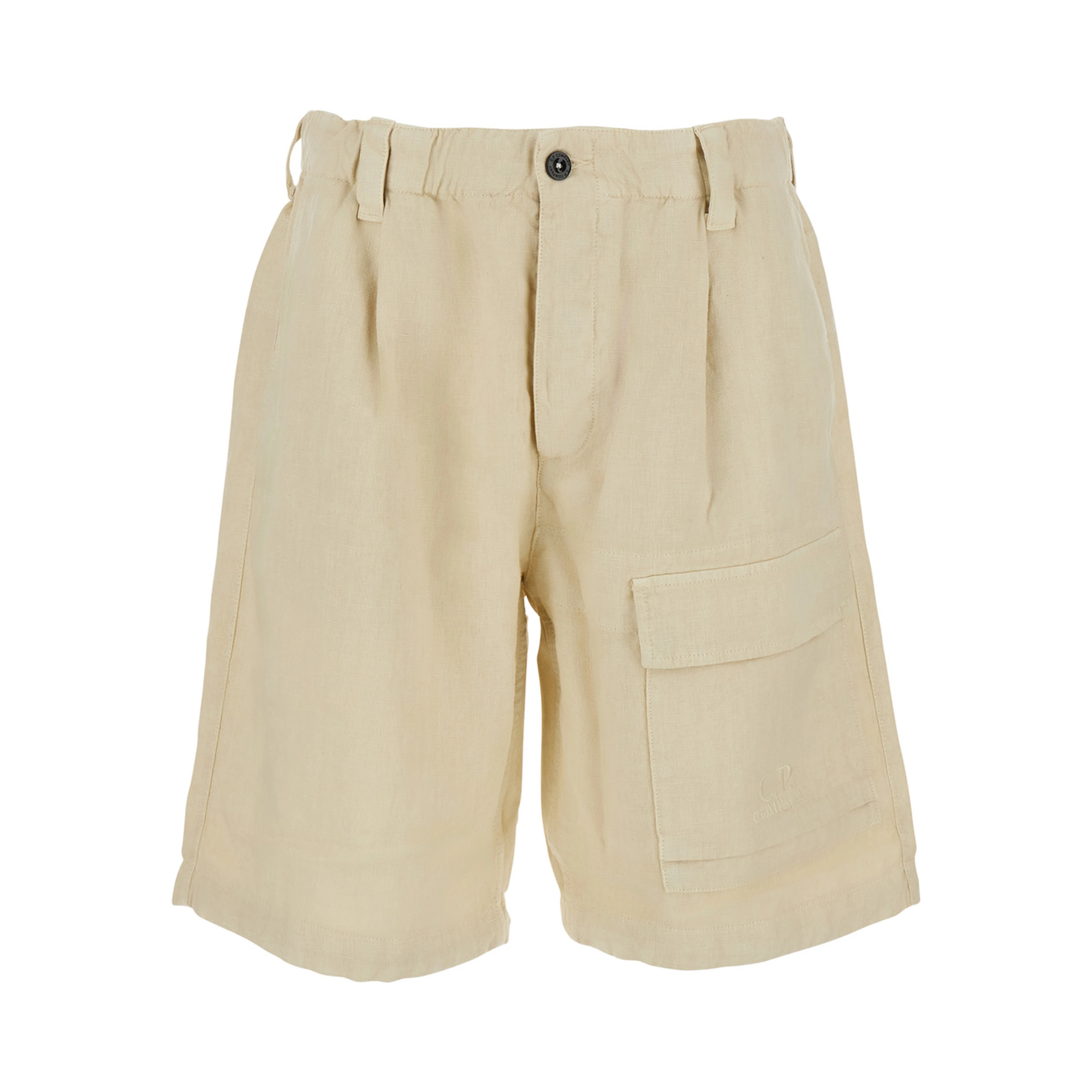 Beige Bermuda with Elasticated Waist and One Front Pocket in Linen for Men