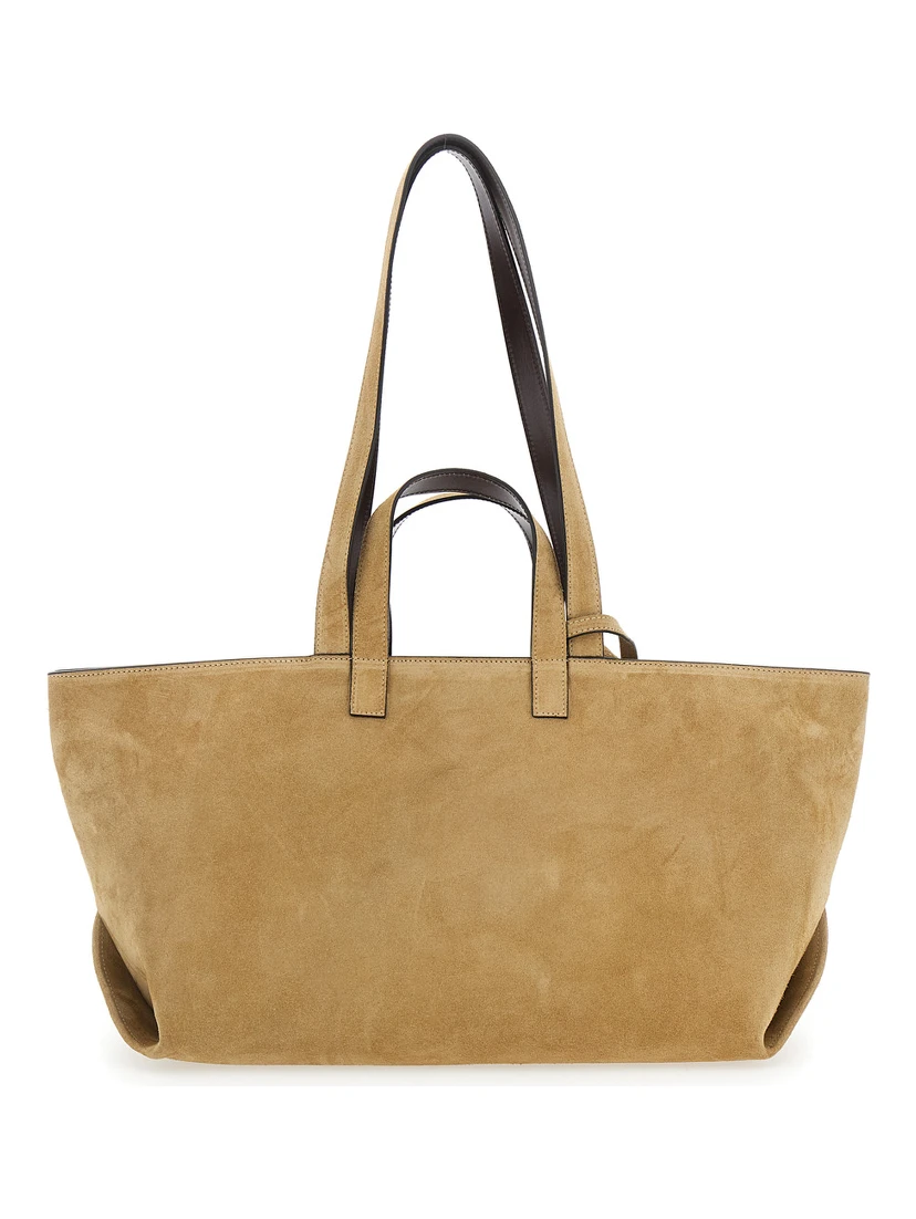 Le Drummer Beige Shopper with Four Handles and Logo Lettering on the Front in Suede Women