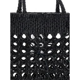 Biscuit Tote Black Handbag with Double Round Handles and Woven Design in Ecoleather for Women