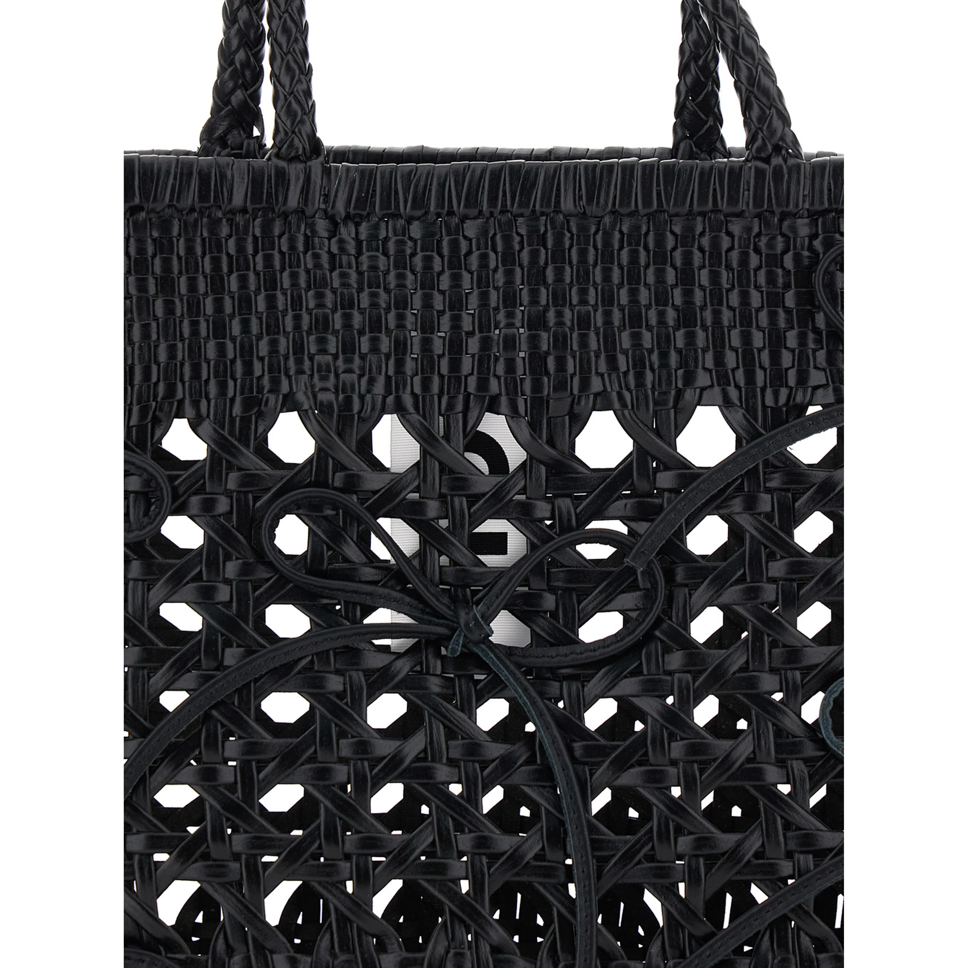Biscuit Tote Black Handbag with Double Round Handles and Woven Design in Ecoleather for Women