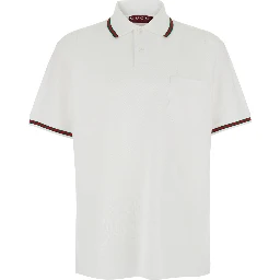 White Polo Shirt with Web Detail on Collar and Sleeves and Tone-on-Tone Logo Lettering on the Front in Cotton for Men