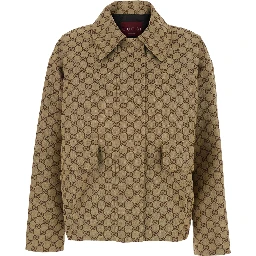 Brown Jacket with Classic Collar and All-Over GG Motif in Cotton for Women