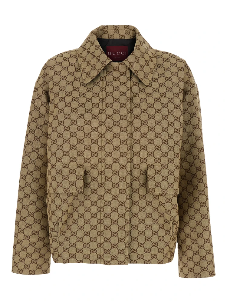 Brown Jacket with Classic Collar and All-Over GG Motif in Cotton for Women