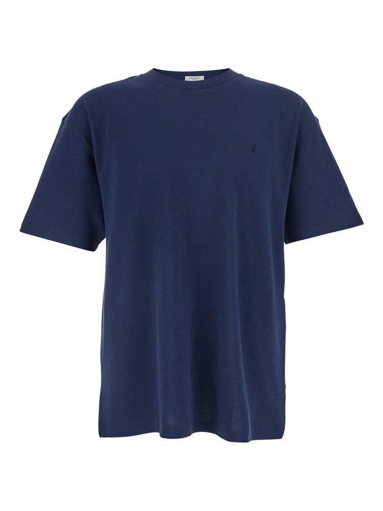 Blue T-Shirt with Round Neck and Short Sleeves in Cotton for Men