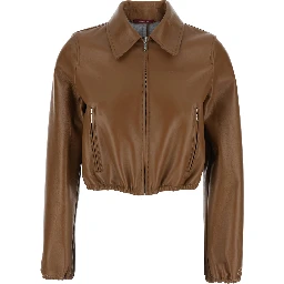 Brown Leather Crop Jacket with Classic Collar and Tone-on-Tone Lettering Logo on the Front for Women