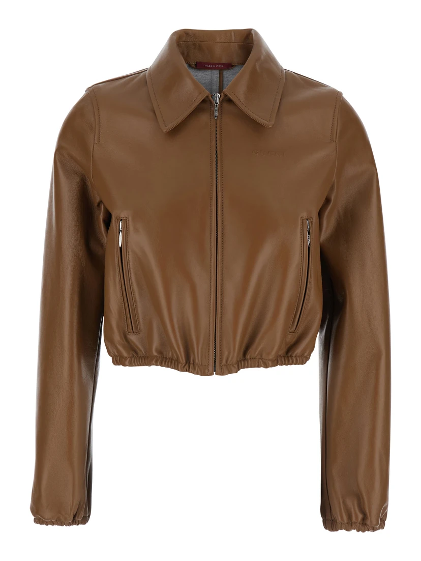 Brown Leather Crop Jacket with Classic Collar and Tone-on-Tone Lettering Logo on the Front for Women