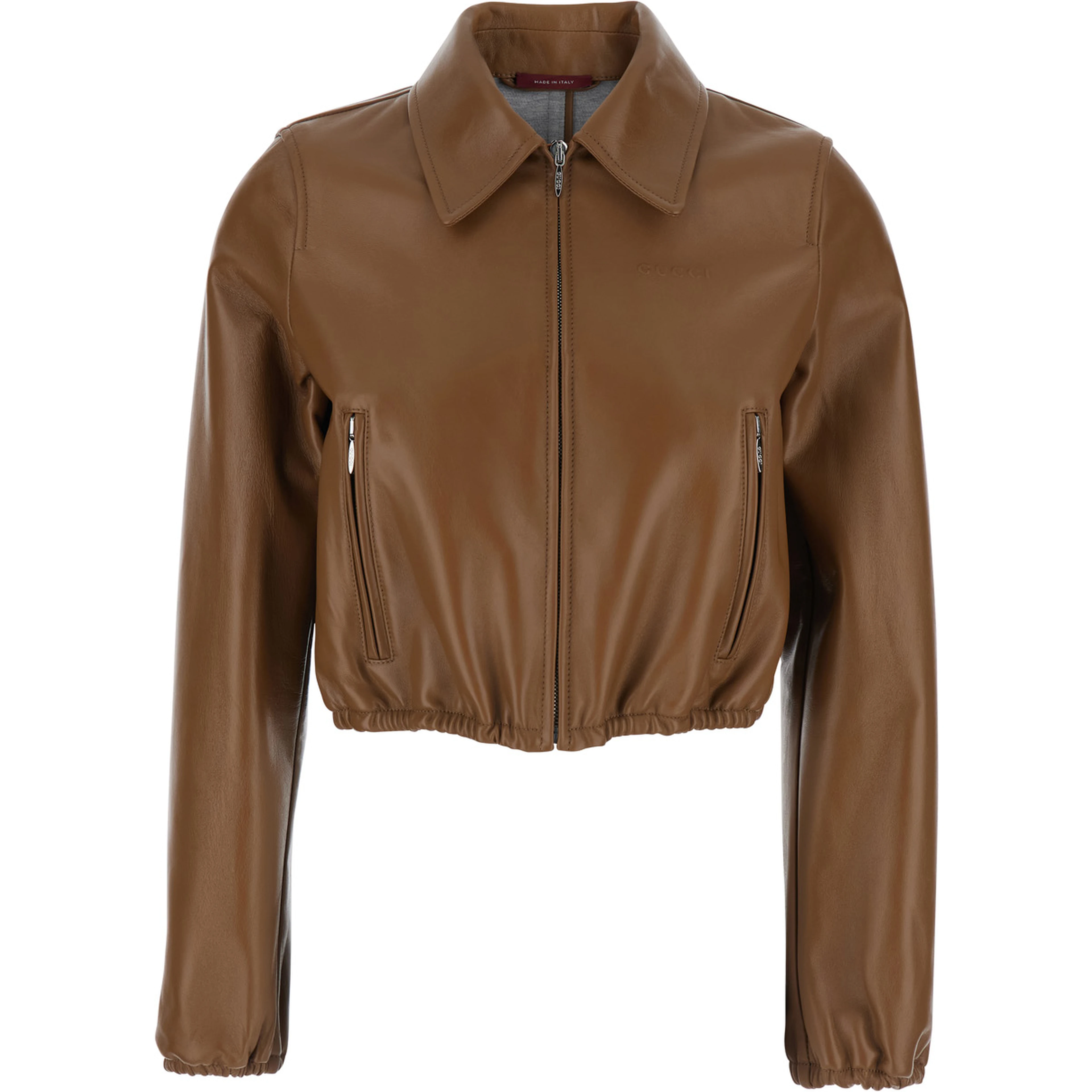 Brown Leather Crop Jacket with Classic Collar and Tone-on-Tone Lettering Logo on the Front for Women