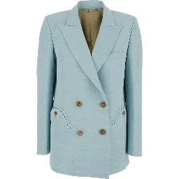 Light blue jacket with peak lapels in silk blend woman