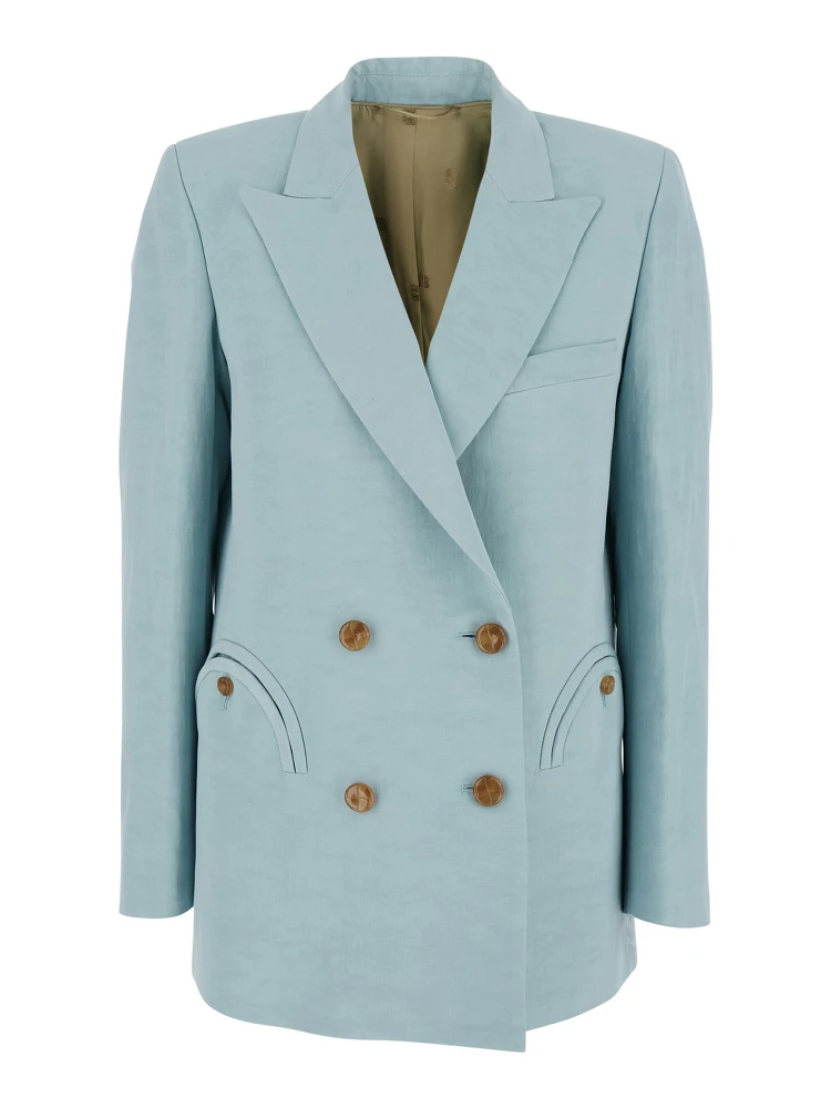 Light blue jacket with peak lapels in silk blend woman