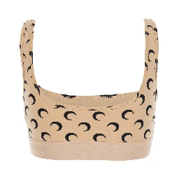 Beige Sports Bra with Moon All-Over Print and Logo Lettering in Tech Fabric for Women