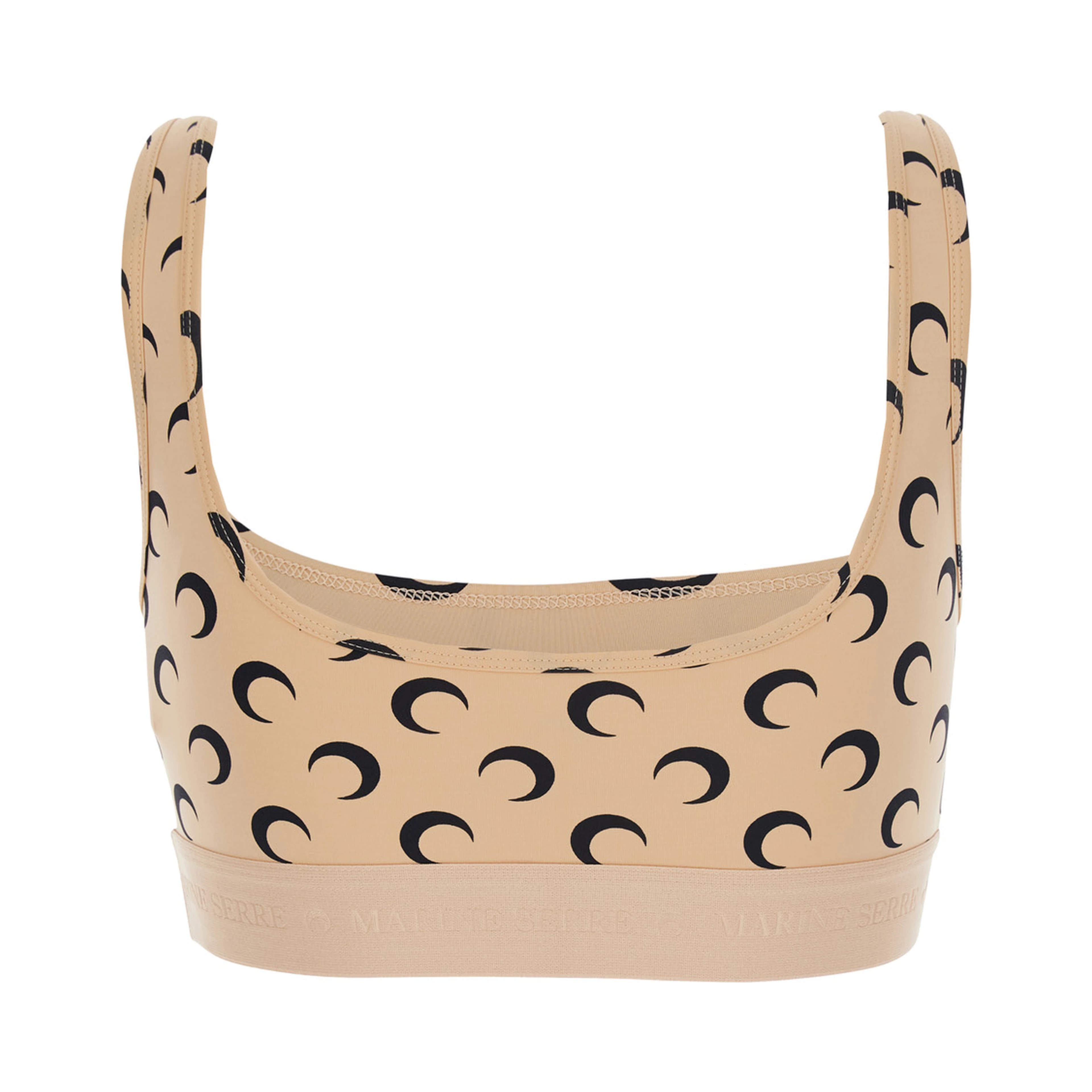 Beige Sports Bra with Moon All-Over Print and Logo Lettering in Tech Fabric for Women