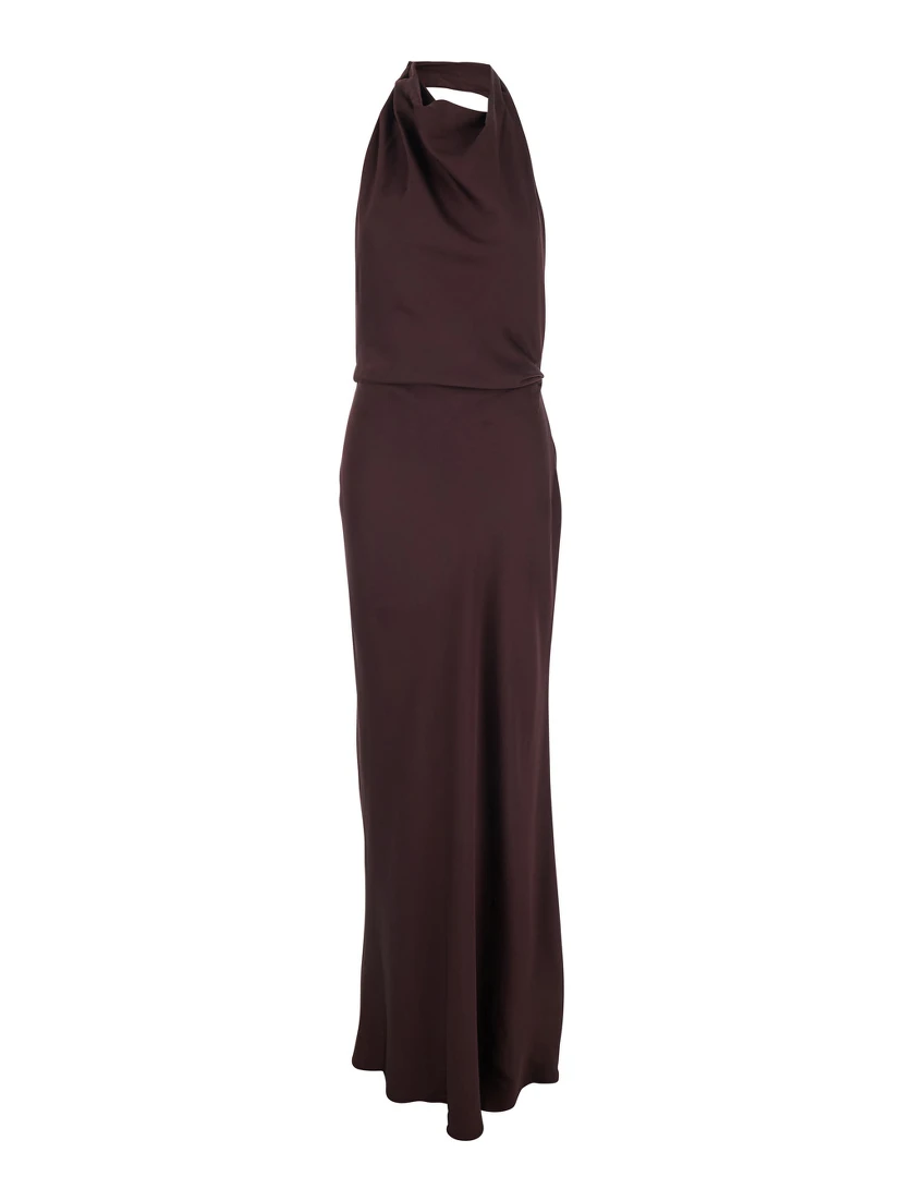 Long Dress Reanon with American Neckline and Open Back in Tech Fabric Brown Women